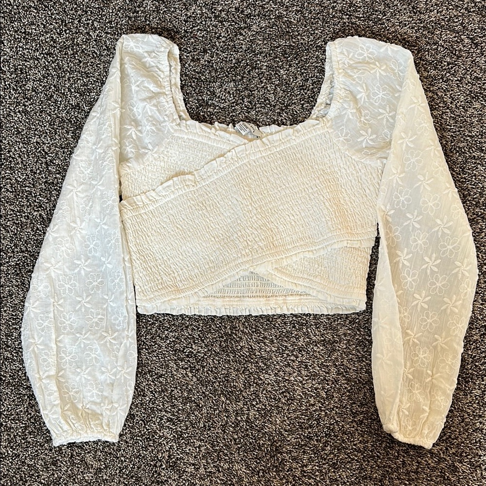 Cream Long Sleeve Criss-Cross Crop Top - American Eagle